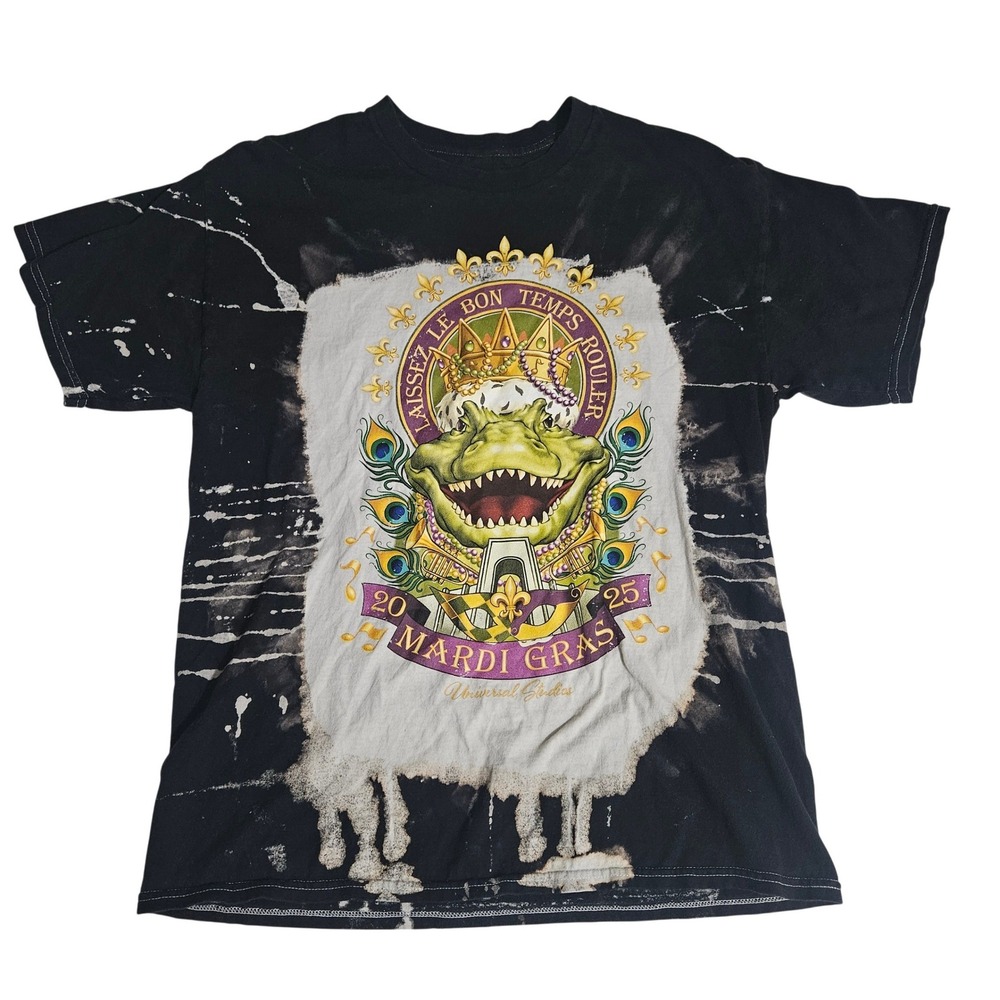 Universal Studios Mardi Gras 2025 Alligator Bleach Tie Dye T-Shirt Black Large